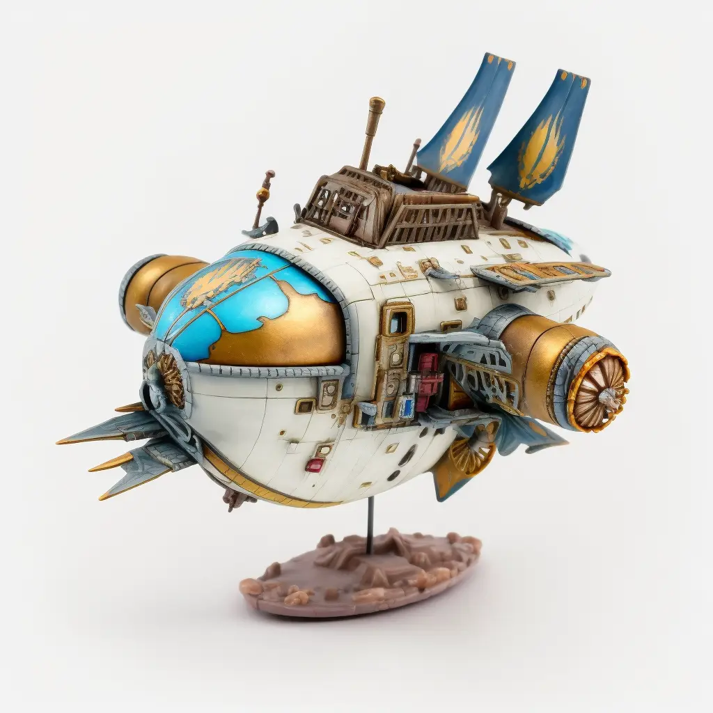 warhammer miniature of a Steakpunk flying ship, hand painted, plastic, detailed, white background, studio lighting, product photography